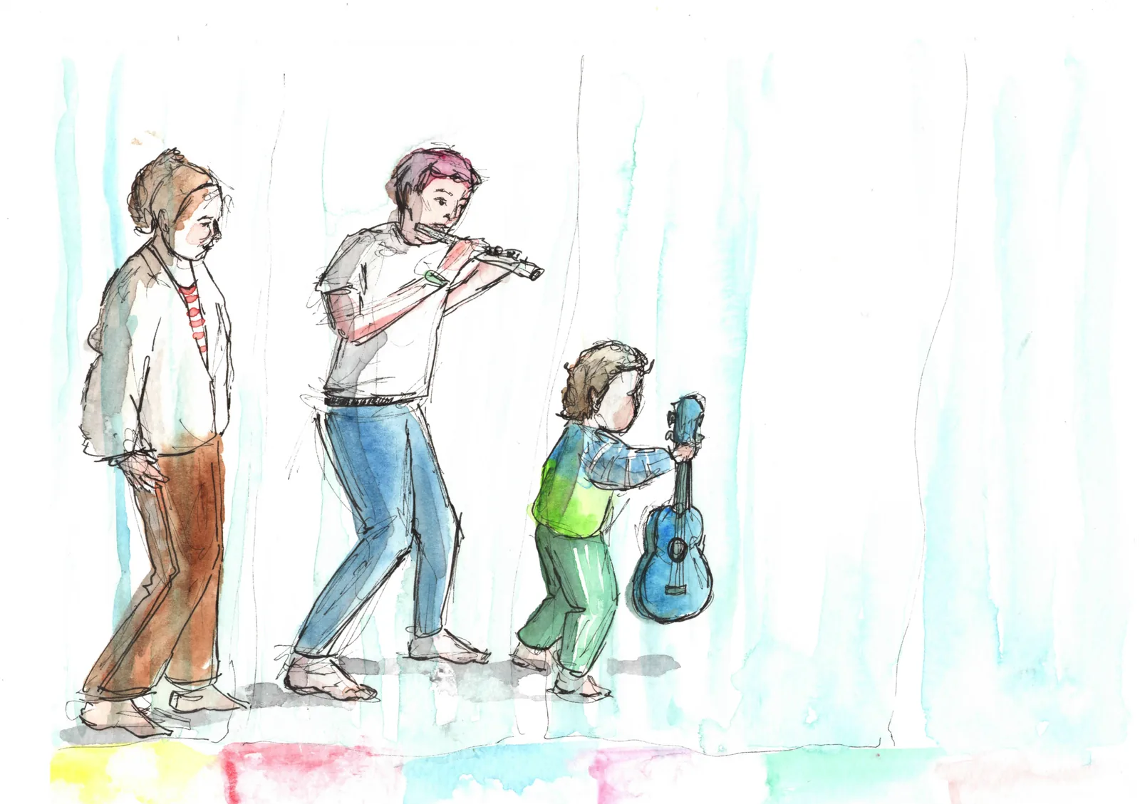 Watercolour and ink sketch: a small boy in green walks ahead holding a blue ukulele, Kate follows playing the flute, and Megan walks at the back, all in step, above a strip of coloured floor tiles.